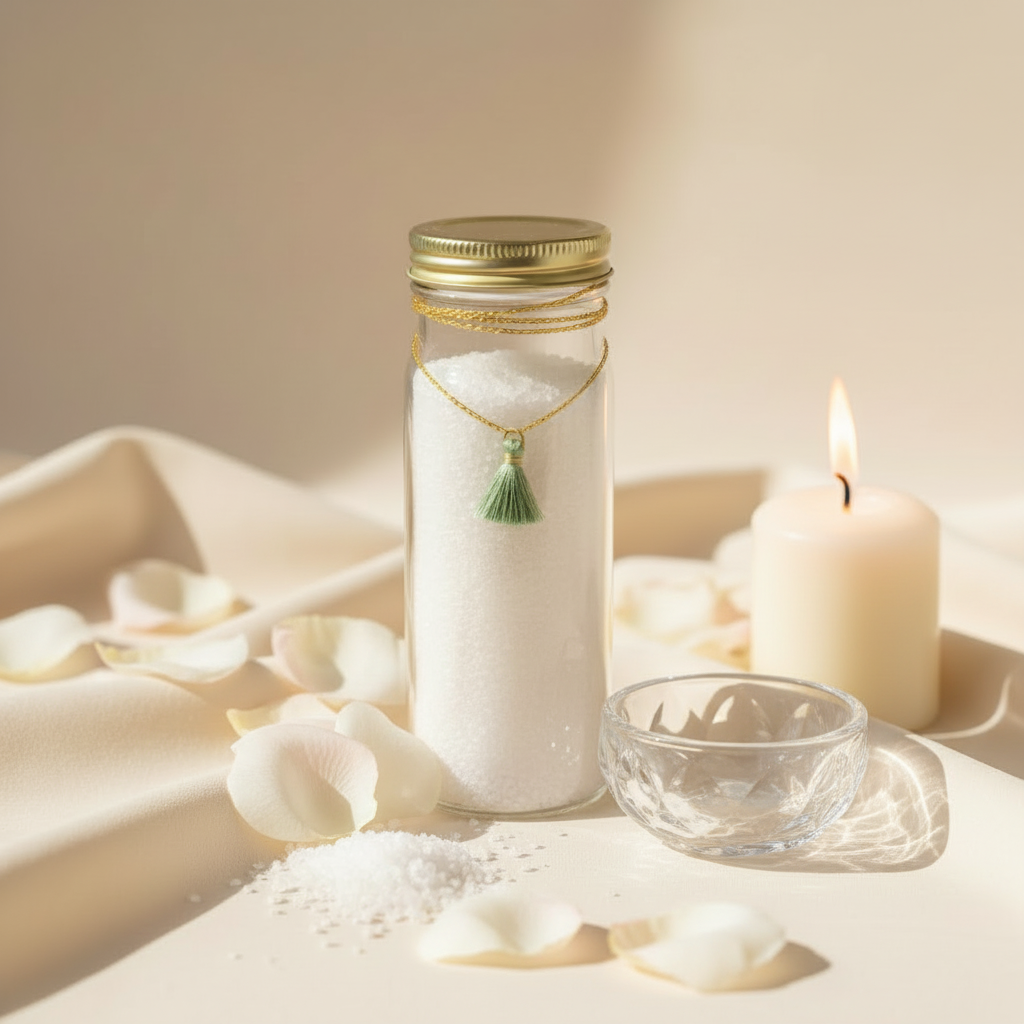 Solksh Ritual Sea Salt 250g jar with crystal bowl, candle, and flower petals