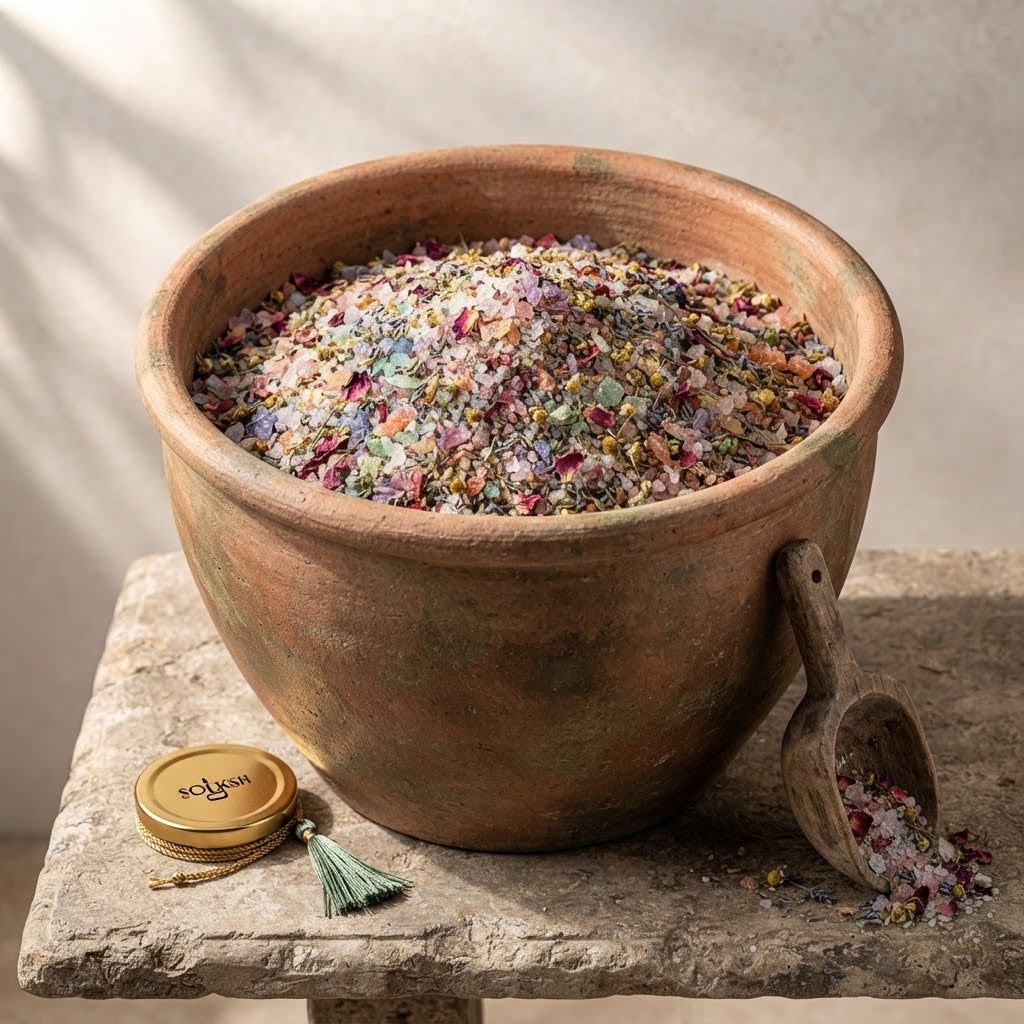 Solksh 7-Chakra Ritual Bath Soak displayed in a large open bowl with coarse salt crystals and dried botanicals