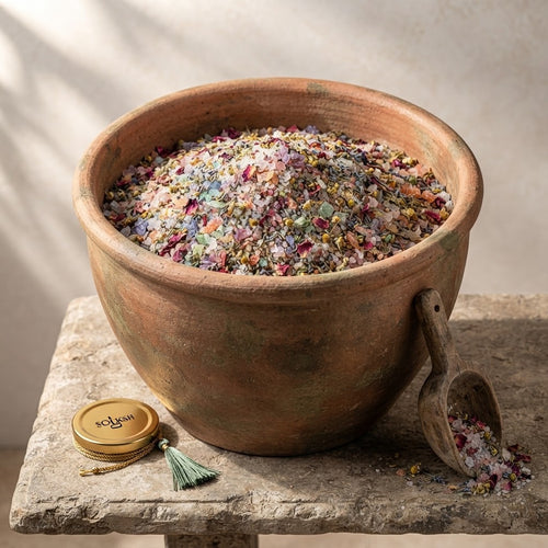 Solksh 7-Chakra Ritual Bath Soak displayed in a large open bowl with coarse salt crystals and dried botanicals