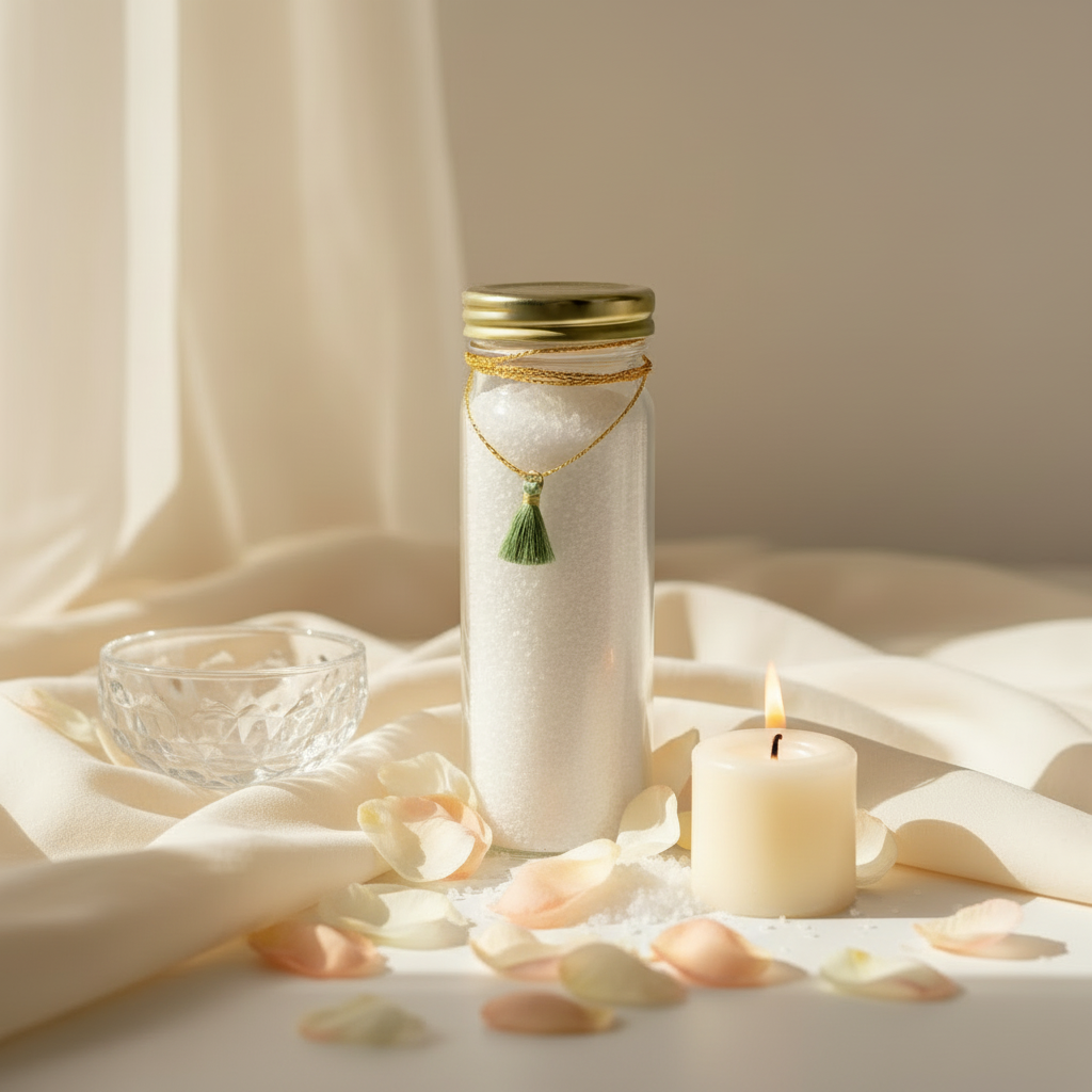 Solksh Ritual Sea Salt 250g jar with soft petals and ritual candle