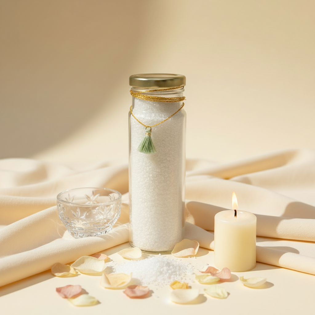 Solksh Ritual Sea Salt 250g jar styled with crystal bowl and candle