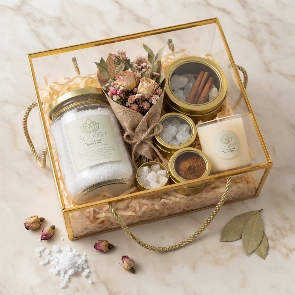 SOLKSH Customised Housewarming Hamper in gold glass box with ritual salts, candle, and dried botanicals