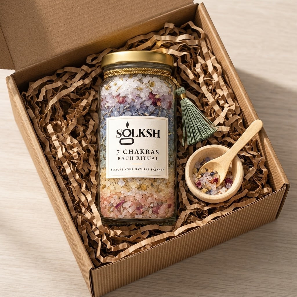 Solksh 7-Chakra Ritual Bath Soak jar presented in a gift box with a spoon and crinkle paper